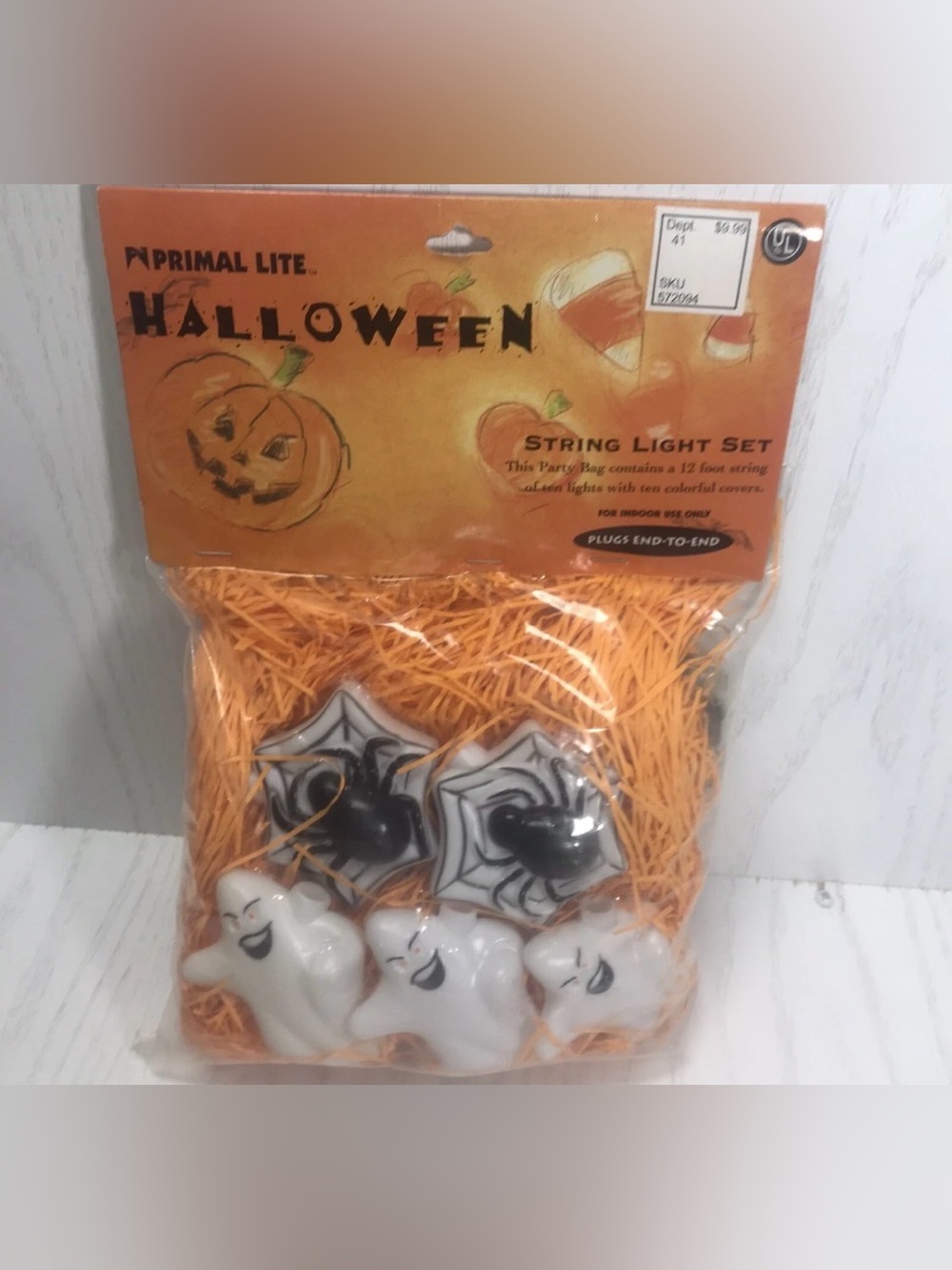 Vintage Primal Lite 10 Halloween BLOW MOLD Ghosts & Spiders String Lights
